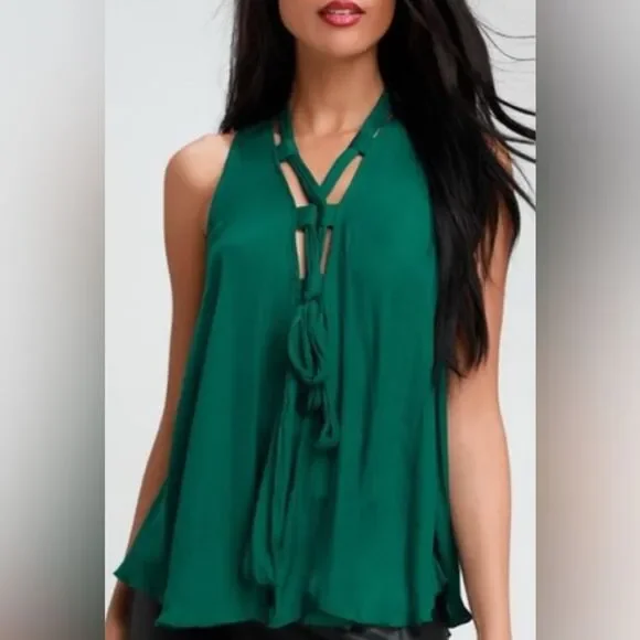 Free People Here With Me Forest Green Lace-Up Top Size Small NWT - Picture 1 of 10